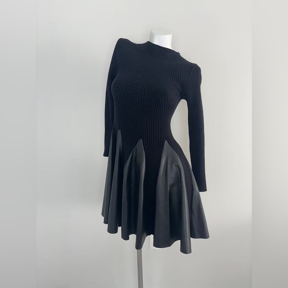 SHEIN Dresses & Skirts - Black Mock Neck Rib Knit Stretch Long Sleeve A Line Faux Leather Mini Dress